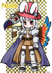1girl animal_ears armor armored_boots barding black_thighhighs blue_cape boobplate boots breastplate brown_cape brown_skirt cape character_name checkered_background closed_mouth commentary_request cross cross_necklace expressionless fake_animal_ears full_body gauntlets grey_hair hand_on_own_hip hat jewelry long_hair looking_at_viewer midriff navel necklace paladin_(ragnarok_online) pauldrons peco_peco pink_hat purple_eyes rabbit_ears ragnarok_online shoulder_armor skirt solo thighhighs waist_cape yazawa_kazuki