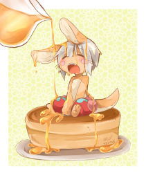 1other animal_ears blush_stickers border closed_eyes food furry in_food made_in_abyss nanachi_(made_in_abyss) pancake rabbit_ears short_hair sitting solo syrup whiskers white_border white_hair youms