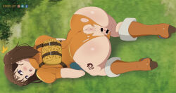 1girl anus ass ass_focus backpack bag blush boots brown_hair diane_(nanatsu_no_taizai) from_above grass highres leotard long_hair looking_back mandio_art nanatsu_no_taizai on_floor purple_eyes pussy short_sleeves snake_tattoo tattoo torn_clothes twintails