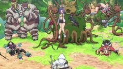 Rule 34 | 2boys, 4girls, animated, anime screenshot, audible speech, breasts, futoku no guild, hanabata nohkins, hitamu kyan, kikuru madan, large breasts, maidena angers, monster girl, multiple boys, multiple girls, nipples, noma rune, sound, tokishikko dana, trap, video