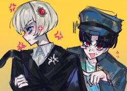1boy 1girl anger_vein black_hair black_jacket blonde_hair blue_eyes blue_hair blue_jacket blush closed_mouth crossed_arms frown gradient_background hand_up highres jacket maruko_gaku oosuzuki_kurara open_mouth parted_bangs parted_hair red_eyes simple_background sweat sweatdrop the_hundred_line_-last_defense_academy- upper_body yellow_background