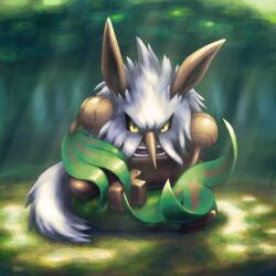 forest gen_3_pokemon looking_at_viewer mijinko_(barabadge) nature nintendo no_humans pokemon pokemon_(creature) shiftry sitting solo teeth tengu
