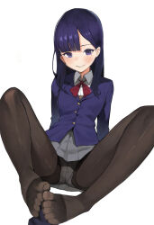 1girl artist_request black_pantyhose blue_eyes blue_hair dark_blue_hair feet foot_focus grey_skirt highres kagemoe1003 light_blush long_hair looking_at_viewer miru_tights nakabeni_yua panties panties_under_pantyhose pantyhose pantyshot parted_lips school_uniform skirt spread_legs toes underwear