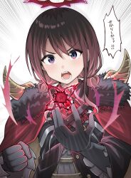 1girl black_gloves blue_eyes cape fang fur-trimmed_cape fur_trim girls_band_cry gloves halo highres iseri_nina looking_at_viewer magic open_mouth red_cape red_hair rrtp short_twintails solo speech_bubble translation_request twintails