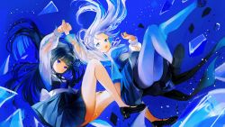 2girls ahoge amatsuka_uto aoi_nabi back_bow black_footwear black_hair black_ribbon black_skirt blue_background blue_eyes blue_hair bodice bow butterfly_hair_ornament closed_mouth colored_inner_hair dress_shirt glass_shards grey_legwear hair_ornament hairclip highres indie_virtual_youtuber long_hair looking_at_viewer mary_janes multicolored_hair multiple_girls nabi_(uz02) open_mouth pantyhose ribbon see-through_clothes see-through_sleeves shards shirt shoes skirt tears two-tone_hair vest virtual_youtuber white_hair white_ribbon white_shirt wing_hair_ornament x_hair_ornament