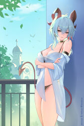 1girl bare_shoulders black_choker black_horns black_panties breasts choker collarbone commentary cowboy_shot crossed_arms curled_horns demon_tail earrings grey_hair highres horns jewelry key_earrings large_breasts lilpalette long_hair looking_at_viewer mole mole_under_eye multicolored_hair paid_reward_available panties parted_lips red_eyes shirt solo streaked_hair tail underwear white_shirt wuthering_waves zani_(wuthering_waves)