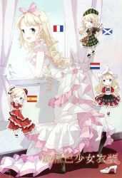 4girls :d ;d absurdres bagpipes beret bird blonde_hair blue_eyes bow dress european_clothes france french_flag gloves hair_bow hair_bun hair_ornament hair_ribbon happy hat high_heels highres holland instrument kilt long_hair looking_at_viewer mary_janes multiple_girls multiple_persona netherlands no_bra one_eye_closed open_mouth original plaid_clothes plaid_headwear plaid_scarf plaid_skirt ribbon sash scarf scotland shoes short_hair single_hair_bun single_shoe skirt smile spain spanish_flag stool tiv unworn_shoes window wink