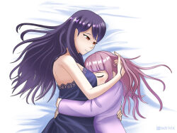 2girls alternate_costume between_breasts black_dress breasts closed_eyes cuddling dress eyelashes female_focus head_between_breasts height_difference hug long_hair long_sleeves lying multiple_girls on_side pajamas pink_hair pink_shirt red_eyes sdrklx shirt shizuhara_hiruko simple_background the_hundred_line_-last_defense_academy- tsukumo_kako white_background yuri