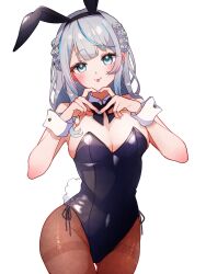 1girl absurdres amagai_ruka animal_ear_hairband animal_ears black_bow black_bowtie black_leotard black_pantyhose blue_eyes blue_hair bow bowtie breasts cleavage commission covered_navel detached_collar fake_animal_ears four-finger_heart_hands grey_hair hairband heart heart_hands highres hololive large_breasts leotard looking_at_viewer multicolored_hair pantyhose pixiv_commission playboy_bunny rabbit_ears rabbit_tail satsuki_(pixiv_742410) side-tie_leotard simple_background smile solo strapless strapless_leotard streaked_hair tail thigh_gap virtual_youtuber white_background wrist_cuffs