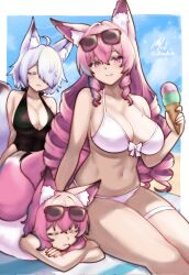 3girls :3 animal_ears aunt_and_niece beach bikini black_one-piece_swimsuit bow bow_bikini breasts child cleavage closed_eyes closed_mouth commentary crossed_arms curly_hair english_commentary eyewear_on_head feet_out_of_frame food fox_ears fox_girl fox_tail hair_over_one_eye highres holding holding_ice_cream_cone ice_cream ice_cream_cone large_breasts long_hair lying mole mole_on_breast mother_and_daughter multiple_girls on_stomach one-piece_swimsuit original outdoors pink_eyes pink_hair rotomdocs short_hair siblings sidelocks sisters smile sunglasses swimsuit tail thigh_strap very_long_hair white_bikini yuki_(rotomdocs)