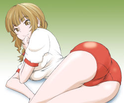 1girl :3 ass bad_anatomy braid breasts brown_eyes brown_hair female_focus gym_uniform kimi_kiss large_breasts lying mdc_honpo mizusawa_mao on_side smirk solo twin_braids