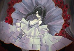 1girl ame-chan_(needy_girl_overdose) background_request black_eyes black_hair breasts cleavage cleavage_cutout clothing_cutout collarbone cowboy_shot dress flower flower_necklace frilled_dress frills hair_ornament hair_over_one_eye hands_on_lap jewelry looking_at_viewer lying necklace needy_girl_overdose on_back on_ground pao_(i_loxe_u) short_twintails sidelocks solo twintails white_dress x_hair_ornament