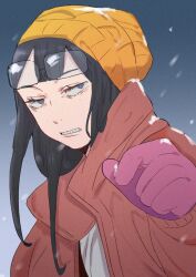 1girl asymmetrical_bangs beanie black_hair commentary eizouken_ni_wa_te_wo_dasu_na! eyewear_on_head freckles glasses hat highres kanamori_sayaka long_hair snow solo takao_(88499191) teeth