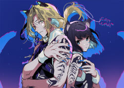 2boys animal_ears arm_tattoo blonde_hair blue_eyes blue_nails blunt_bangs cat_ears cat_tail character_request closed_mouth collar commentary_request drop_shadow fingernails fish_skeleton gradient_background green_eyes hair_between_eyes hand_on_own_arm idolmaster idolmaster_side-m long_hair looking_at_viewer male_focus multiple_boys nana_tetra ponytail purple_background purple_vest sharp_fingernails short_hair tail tattoo upper_body vest white_collar white_wrist_cuffs wrist_cuffs