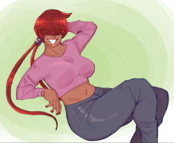1girl 1shermieaday breasts curvy dark-skinned_female dark_skin earrings female_focus heart huge_breasts jewelry large_breasts long_hair long_sleeves pants ponytail red_hair shermie_(kof) smile smiley_face tan the_king_of_fighters thick_thighs thighs twintails wide_hips