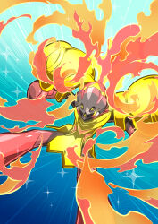 armarouge bbiqbmp blue_background commentary_request emphasis_lines eye_trail fire flaming_eyes highres light_trail nintendo pokemon pokemon_(creature) red_eyes solo sparkle yellow_pupils