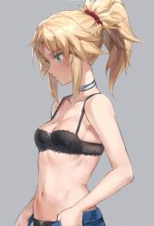 1girl bare_shoulders black_bra black_panties blonde_hair blush bra braid breasts collarbone fate/apocrypha fate_(series) green_eyes hair_ornament hair_scrunchie half_up_braid highres long_hair looking_ahead looking_down mordred_(fate) mordred_(fate/apocrypha) navel panties parted_bangs ponytail red_scrunchie scrunchie sidelocks small_breasts solo tonee underwear