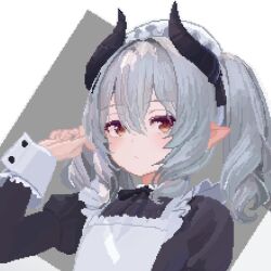 1girl apron black_bow black_dress black_ribbon blush bow brown_eyes closed_mouth collared_dress demon_girl demon_horns dress frilled_apron frills grey_background grey_hair hair_between_eyes hand_up horns juliet_sleeves long_hair long_sleeves looking_at_viewer maid maid_apron maid_headdress milltina_(vrchat) pixel_art pointy_ears puffy_long_sleeves puffy_sleeves ribbon simple_background solo twintails two-tone_background upper_body user_xcyu4282 vrchat white_apron white_background wrist_cuffs