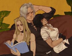 1boy 2girls beard_stubble black_choker black_gloves black_hair black_shirt blonde_hair book choker closed_eyes dante_(devil_may_cry) devil_may_cry_(series) facial_hair fingerless_gloves gloves hejee highres holding holding_book lady_(devil_may_cry) multiple_girls saliva shirt stubble trish_(devil_may_cry) white_hair white_shirt
