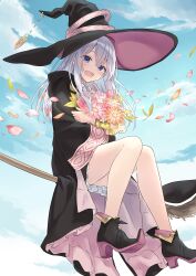 1girl :d absurdres azuuru bare_legs black_boots black_hat black_robe blue_eyes blue_sky boots bouquet broom broom_riding cloud commentary_request elaina_(majo_no_tabitabi) falling_petals flower frills from_below grey_hair hat high_heel_boots high_heels highres holding holding_bouquet hood hood_down hooded_robe hugging_object long_hair long_sleeves looking_at_viewer majo_no_tabitabi open_mouth orange_flower orange_petals outdoors petals pink_flower pink_petals pink_rose robe rose sidesaddle sitting sky smile solo textless_version thighs white_flower wide_sleeves wing_collar witch witch_hat