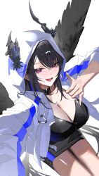 1girl absurdres asymmetrical_horns black_choker black_hair black_skirt black_tube_top black_wings breasts choker cleavage crop_top demon_horns from_above highres hololive hololive_english hood hood_up horns jacket large_breasts looking_at_viewer nerissa_ravencroft official_alternate_costume open_mouth parted_bangs pencil_skirt purple_eyes shaka_sign skirt smile solo strapless thekaiyip tube_top uneven_horns virtual_youtuber white_background white_jacket wings