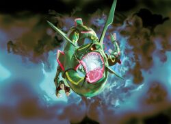 animal_focus black_sclera cloud colored_sclera dark_clouds dragon eastern_dragon fangs flying full_body gen_3_pokemon glowing glowing_eyes glowing_mouth kawaguchi_youhei legendary_pokemon nintendo no_humans official_art open_mouth pokemon pokemon_(creature) pokemon_focus pokemon_tcg rayquaza third-party_source yellow_eyes