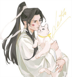 1boy animal black_eyes brown_hair cat chinese_clothes chu_wanning commentary english_commentary erha_he_tadebai_mao_shizun hair_ribbon hanfu high_ponytail holding holding_animal lettch lipstick_mark lipstick_mark_on_face long_hair long_sleeves looking_at_animal ponytail ribbon signature simple_background solo upper_body white_background white_cat white_hanfu white_ribbon wide_sleeves