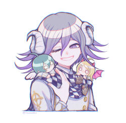 1girl 2boys ahoge akamatsu_kaede angel_wings blonde_hair blue_hair checkered_clothes checkered_scarf chibi chromatic_aberration cropped_torso danganronpa_(series) danganronpa_v3:_killing_harmony fortissimo hair_between_eyes hair_ornament highres horns inukai_(inuuowoukai) jacket long_hair multiple_boys musical_note musical_note_hair_ornament oma_kokichi one_eye_closed purple_eyes purple_hair saihara_shuichi scarf short_hair simple_background smile teeth twitter_username white_background white_jacket wings