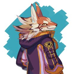 1boy colored_sclera furry furry_male green_eyes green_sclera grin jackal_boy jacket looking_back male_focus purple_jacket seth_(housamo) smile solo sora-ya_(uya_kyo) tokyo_houkago_summoners twitter_username two-tone_fur upper_body