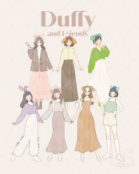 6+girls absurdres animal_ears animification bear_ear_hairband bear_ears brown_hair cookieann duffy_and_friends duffy_the_disney_bear full_body gelatoni genderswap hat highres humanization linabell long_hair looking_at_viewer meecosme multiple_girls olu_mel shelliemay shirt short_hair skirt smile stellalou sweater