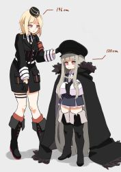 2girls absurdly_long_hair absurdres blonde_hair blush boots brown_eyes cape girls&#039;_frontline grey_hair hat height height_difference highres kar98k_(girls&#039;_frontline) knee_boots long_hair medium_hair mp40_(girls&#039;_frontline) multiple_girls red_eyes sidelocks sweatdrop thigh_boots thighhighs toryu_fufu very_long_hair