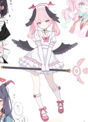 4girls alternate_costume blue_archive body_markings bow bowtie elbow_gloves frilled_skirt frills full_body fuuka_(blue_archive) gloves halo head_wings highres holding holding_wand honkai:_star_rail honkai_(series) hyacine_(honkai:_star_rail) juliet_sleeves kazusa_(blue_archive) kneehighs koharu_(blue_archive) long_sleeves low_twintails low_wings mary_janes medium_hair multiple_girls pink_bow pink_bowtie pink_eyes pink_hair pink_halo pink_shoes puffy_sleeves rns sailor_collar shirt shoes simple_background skirt socks solo_focus standing twintails wand white_background white_gloves white_sailor_collar white_shirt white_skirt white_socks wings