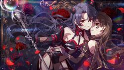 Rule 34 | 2girls, black hair, brown eyes, brown hair, earrings, facial tattoo, falling petals, flower, game cg, gloves, holding, horns, idolmaster, idolmaster million live!, idolmaster million live! theater days, jewelry, kitazawa shiho, multiple girls, nail polish, official art, petals, red eyes, rose, smile, takayama sayoko, tattoo