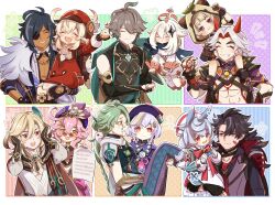 6+boys 6+girls :i :t puff_of_air abs alhaitham_(genshin_impact) animal animal_ears animal_hood aoyagi_(ao0701yagi) aqua_hair arataki_itto backpack bag baizhu_(genshin_impact) bandaid bandaid_on_cheek bandaid_on_face bead_necklace beads black_hair blonde_hair blue_hair bow carrying changsheng_(genshin_impact) chest_jewel closed_eyes coin_hair_ornament dark-skinned_male dark_skin dodoco_(genshin_impact) dori_(genshin_impact) dress eyepatch feather_hair_ornament feathers genshin_impact gloves green_hair grey_hair grin hair_between_eyes hair_ornament hat highres holding hood hood_up horns japanese_clothes jewelry kaeya_(genshin_impact) kaveh_(genshin_impact) klee_(genshin_impact) leaf leaf_on_head long_hair multicolored_hair multiple_boys multiple_girls necklace ofuda orange_eyes paimon_(genshin_impact) paper pink_eyes pointy_ears princess_carry purple_eyes purple_headwear qingdai_guanmao qiqi_(genshin_impact) red_headwear sayu_(genshin_impact) scarf sigewinne_(genshin_impact) smile snake toned toned_male white_dress wriothesley_(genshin_impact)