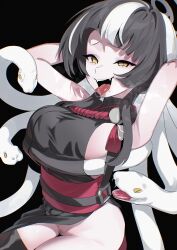 1girl absurdres azami_(blue_archive) black_hair blue_archive breasts erory6_(ro) female_pubic_hair forked_tongue grey_halo halo highres japanese_clothes large_breasts looking_at_viewer mole mole_under_mouth multicolored_hair no_panties no_pants pubic_hair sideboob slit_pupils snake_hair solo tongue tsurime two-tone_hair white_hair yellow_eyes