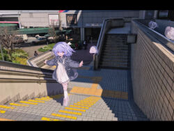 1girl absurdres bag bird blue_bag blue_bow blue_bowtie blue_jacket blurry blurry_background bow bowtie collared_dress commentary creature dress fang film_grain full_body hair_ribbon highres hood hood_down hooded_jacket jacket kneehighs letterboxed long_sleeves looking_at_viewer medium_hair open_clothes open_jacket open_mouth original outdoors outstretched_arms photo_background pigeon pink_eyes pink_shoes pleated_dress purple_hair ribbon shiratsuyu_mone shoes shoulder_bag smile sneakers socks solo spread_arms stairs standing symbol-only_commentary white_dress white_ribbon white_socks