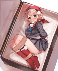 1girl arms_behind_back beret black_shirt black_skirt blush bound bound_ankles bound_legs bound_wrists box braid briefcase brown_hair commentary_request crown_braid festa11307070 from_side gag green_eyes hair_ornament hair_rings hat improvised_gag in_box in_container indie_virtual_youtuber kneehighs looking_at_viewer o-ring paid_reward_available pom_pom_(clothes) pom_pom_hair_ornament red_hat red_sailor_collar red_socks restrained sailor_collar shigure_ui_(vtuber) shigure_ui_(vtuber)_(1st_costume) shirt short_hair signature skirt socks soles solo striped_clothes striped_shirt striped_skirt tape tape_gag tearing_up thighs variant_set vertical-striped_clothes vertical-striped_shirt vertical-striped_skirt virtual_youtuber white_shirt