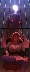 1girl absurdres blonde_hair breasts chair crossed_legs facial_mark forehead_mark full_moon green_haori grey_kimono hand_on_own_head haori highres huge_breasts japanese_clothes katsuyu_(naruto) kimono mature_female moon naruto_(classic) naruto_(series) office_chair red_eyes red_machine sitting slug solo swivel_chair tsunade_(naruto)