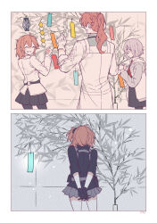 Rule 34 | 1boy, 2girls, ahoge, black scrunchie, chaldea uniform, fate/grand order, fate (series), fujimaru ritsuka (female), fujimaru ritsuka (female) (polar chaldea uniform), glasses, gloves, hair ornament, hair scrunchie, highres, jacket, kak hac, lab coat, long hair, long sleeves, mash kyrielight, multiple girls, ofuda, one side up, open mouth, orange hair, ponytail, purple eyes, purple hair, romani archaman, scrunchie, short hair, side ponytail, skirt, smile
