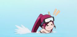&gt;_&lt; :d animated animated_gif bikini chibi closed_eyes erza_scarlet fairy_tail innertube lowres open_mouth ponytail red_hair smile swim_ring swimsuit tattoo xd