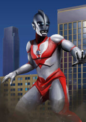 1boy alien blue_eyes blue_sky building city cityscape collarbone color_timer colored_skin commentary compound_eyes day debris dorsal_fin dust_cloud feet_out_of_frame gattyo giant hashtag-only_commentary highres legs_apart looking_ahead male_focus multicolored_skin muscular muscular_male no_pupils open_hand outdoors pectorals red_skin silver_skin sky skyscraper solo spread_fingers standing tokusatsu two-tone_skin ultra_series ultraman:_the_ultimate_hero ultraman_powered wrinkled_skin