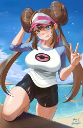 1girl :p achromaru arm_up artist_logo beach bike_shorts black_shorts blue_eyes blue_sky blue_sleeves blush breasts brown_hair cameltoe closed_mouth cloud day donut_hair_bun double_bun hair_between_eyes hair_bun hand_up highres large_breasts logo long_hair looking_at_viewer mountain nintendo ocean outdoors patreon_username poke_ball_print pokemon pokemon_bw2 raglan_sleeves rosa_(pokemon) shirt shore shorts simple_bird sky solo standing standing_on_one_leg tongue tongue_out torn_clothes torn_shorts twintails twitter_username v very_long_hair visor_cap water white_shirt