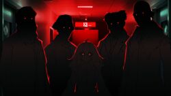 Rule 34 | 1girl, balding, beard, character request, dark, exit sign, facial hair, formal clothes, glowing, glowing eyes, highres, koishi day, komeiji koishi, long beard, looking at viewer, medium hair, red eyes, red light, staring, suit, sutorobo72, thick beard, touhou
