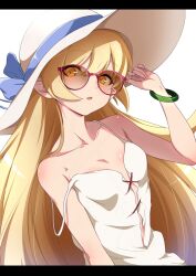 Rule 34 | 1girl, adjusting eyewear, bare shoulders, blonde hair, blue ribbon, blush, bracelet, breasts, collarbone, commentary, dress, fang, hair between eyes, hand up, hat, hat ribbon, highres, jewelry, letterboxed, long hair, looking at viewer, monogatari (series), nishizuki shino, oshino shinobu, pointy ears, red-framed eyewear, ribbon, skin fang, sleeveless, sleeveless dress, small breasts, solo, spaghetti strap, strap slip, sun hat, sunglasses, upper body, very long hair, white background, white dress, white hat, yellow eyes