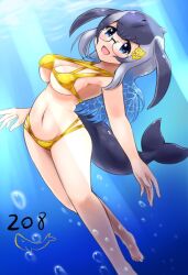 1girl anchor_hair_ornament bikini blowhole blue_eyes blue_hair blue_whale_(kemono_friends) blush breasts cetacean_tail dorsal_fin fins fish_tail glasses gold_bikini grey_hair hair_ornament head_fins japari_symbol kemono_friends large_breasts long_hair looking_at_viewer multicolored_hair navel smile swimsuit tail tame_(sld8zoczefz9aau) underwater whale_girl