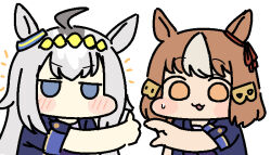 Rule 34 | :3, ahoge, animal ears, belno light (umamusume), blue eyes, blush, bow, brown eyes, brown hair, chibi, commentary, ear ribbon, grey hair, hair ornament, heart hands failure, horse ears, horse girl, jazz jack, letter hair ornament, long hair, multicolored hair, oguri cap (umamusume), short hair, thumbs up, two-tone hair, umamusume, umamusume: cinderella gray, upper body, white hair