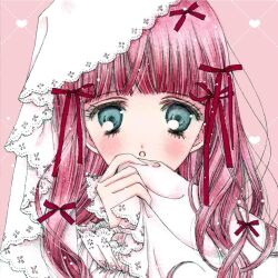 1girl :o heart nui_nakato original parted_lips pink_theme red_hair red_ribbon ribbon solo veil