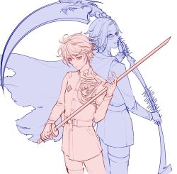 2boys ahoge aotsuki_eito armband back-to-back cloak gloves holding holding_scythe holding_sword holding_weapon last_defense_academy_school_uniform limited_palette male_focus messy_hair multiple_boys pants scythe simple_background standing sumino_takumi sword the_hundred_line_-last_defense_academy- weapon white_background