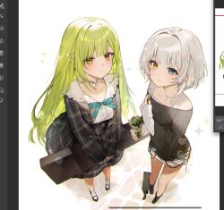 2girls art_program_in_frame bang_dream! bang_dream!_it&#039;s_mygo!!!!! black_boots black_shirt blue_eyes blue_ribbon boots cat chromatic_aberration closed_mouth commentary_request cookie dress food green_hair guitar_case heterochromia highres instrument_case kaname_raana korean_commentary long_hair long_sleeves looking_at_viewer matcha_parfait mortis_(bang_dream!) mortis_(persona)_(bang_dream!) multiple_girls neck_ribbon paw_hair_ornament plaid_clothes plaid_dress raana_the_cat ribbon shirt shoes short_hair simple_background sleeves_past_wrists sparkle wakaba_mutsumi white_background white_hair white_shirt white_shoes xx9106 yellow_eyes