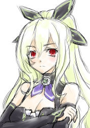 bare_shoulders breasts cleavage dress green_hair hakozaki_chika highres kow_(kow0117) long_hair medium_breasts neptune_(series) red_eyes ribbon